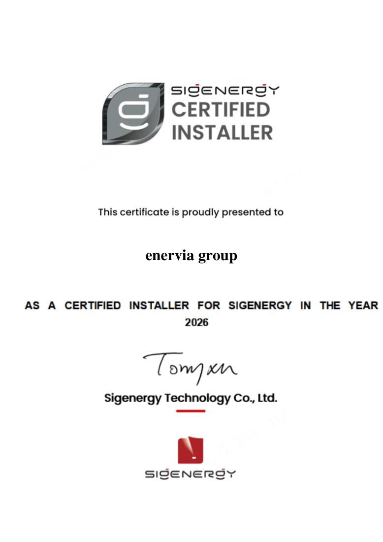 ใบรับรอง Sigenergy Certified Installer ประจำปี 2026 มอบให้ Enervia Group